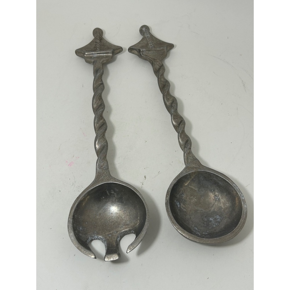 Vintage Brutalist Pewter Salad Servers Twisted Rope Handle Gothic 15.5 Inch Set